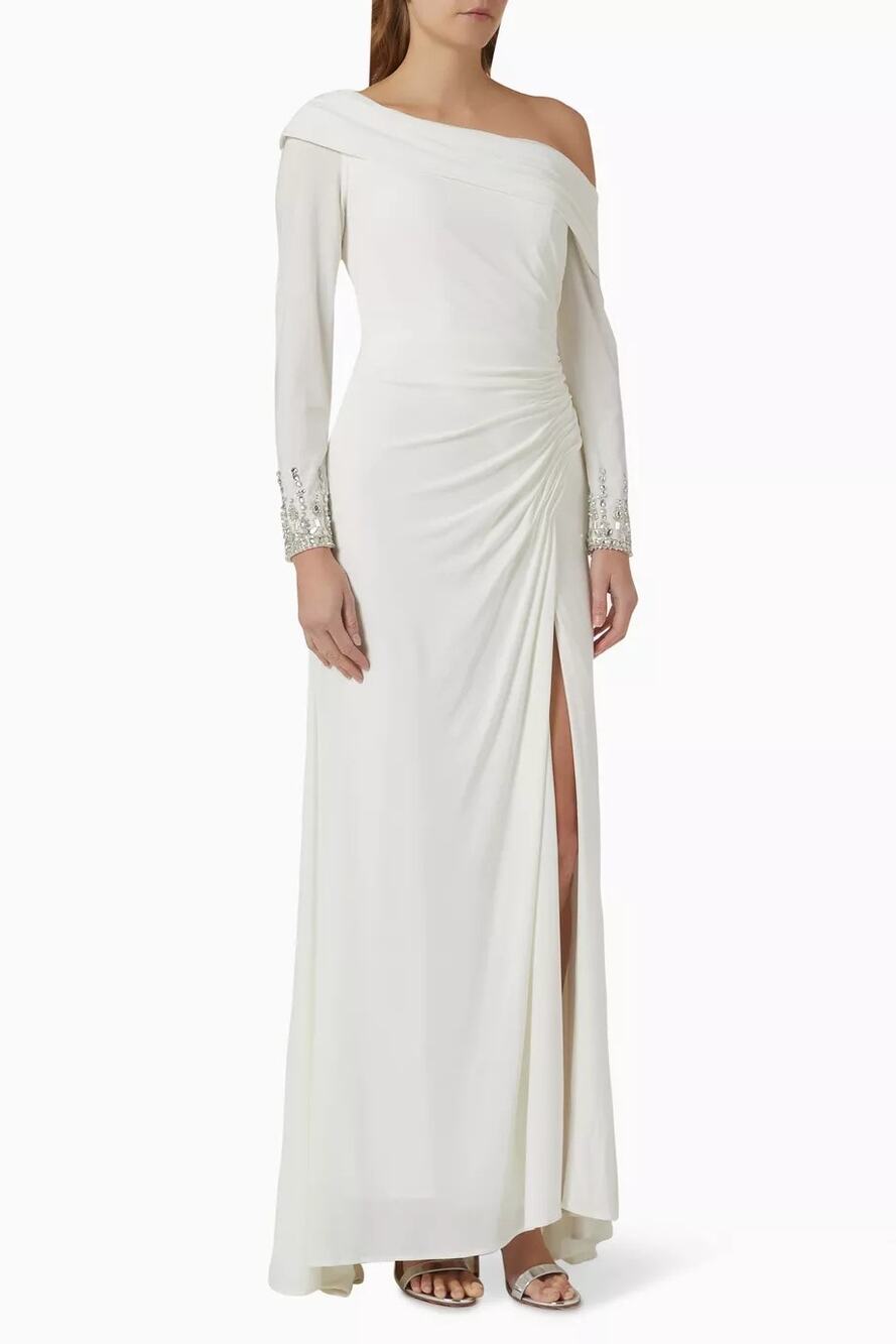 Mac Duggal 12231 Dress Beaded Cuff Drop Shoulder Faux Wrap White NWT 0